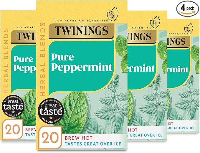 Twinings Pure Peppermint Flavoured Tea Bags - 80 Biodegradable Bags (Multipack of 4 x 20), Caffeine & Sugar Free Herbal Tea for Digestion & Refreshment, Natural Peppermint Flavor