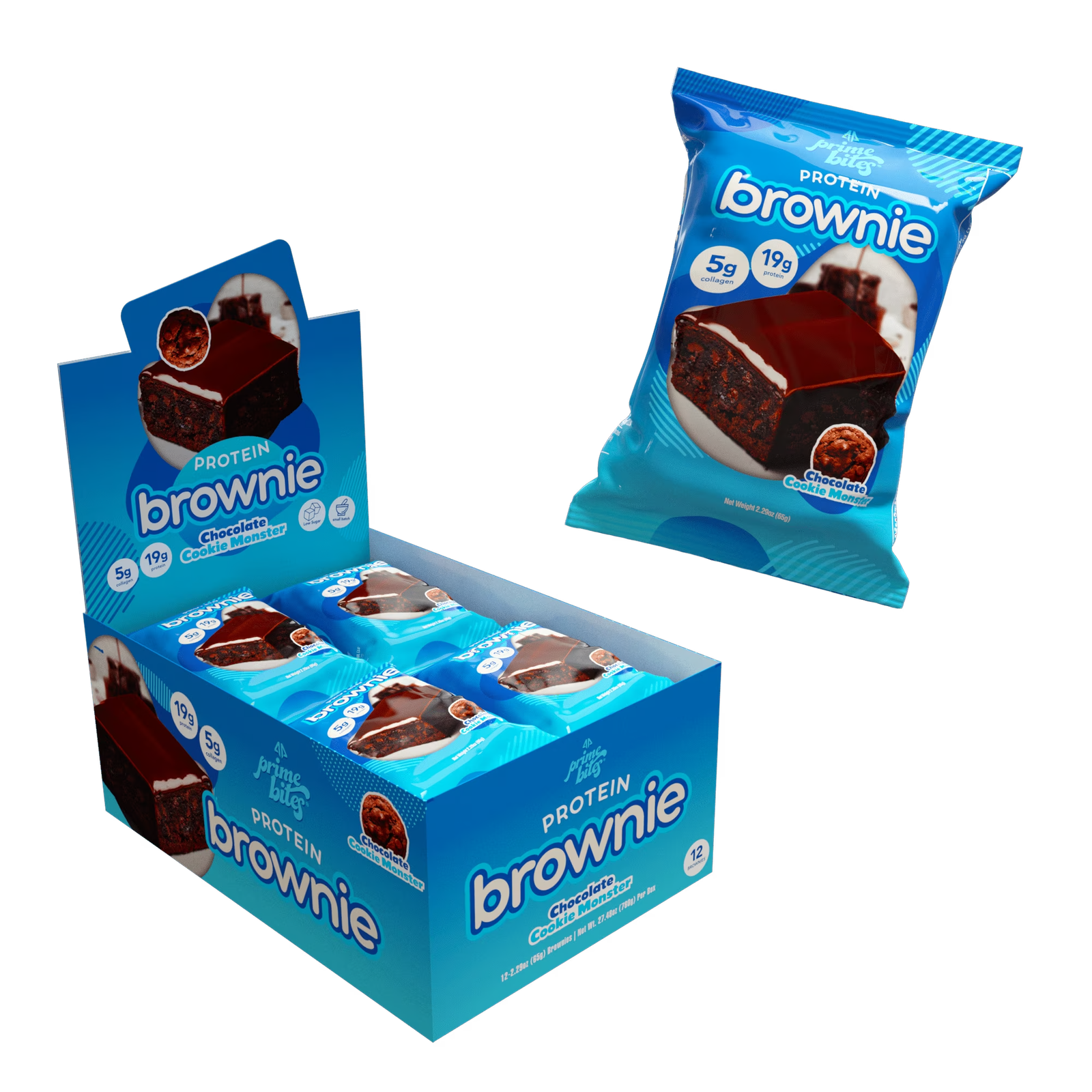 Chocolate Cookie Monster, 12 Count Prime Bites Protein Brownie with 19g Protein and 5g Collagen