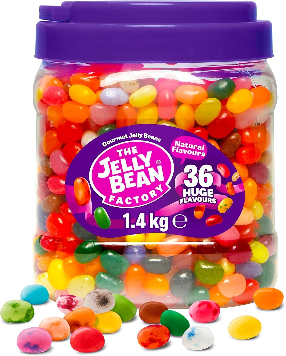 The Jelly Bean Factory, Jelly Beans Gift 1.4 KG Tub, Gluten Free Sweets - 36 Natural, Huge Fruit Flavours, Chewy, Retro American Sweets for Kids, Adults, Christmas - Gourmet Pick and Mix Jellybeans