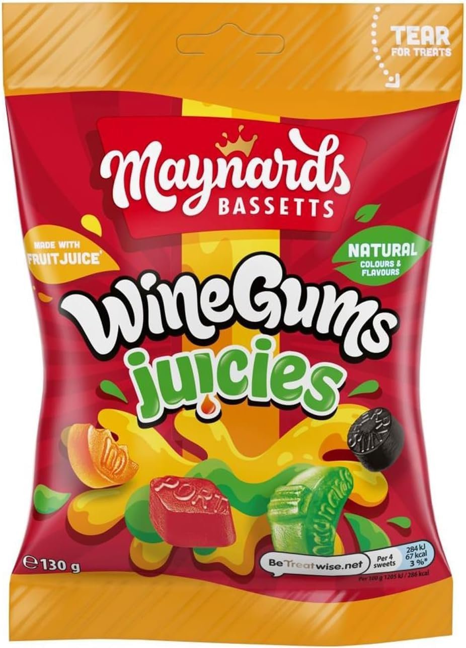 Maynards Bassetts Wine Gums Juicies Sweets, Bursting With Fruity Flavours, 130 g Bag (Pack of 12)